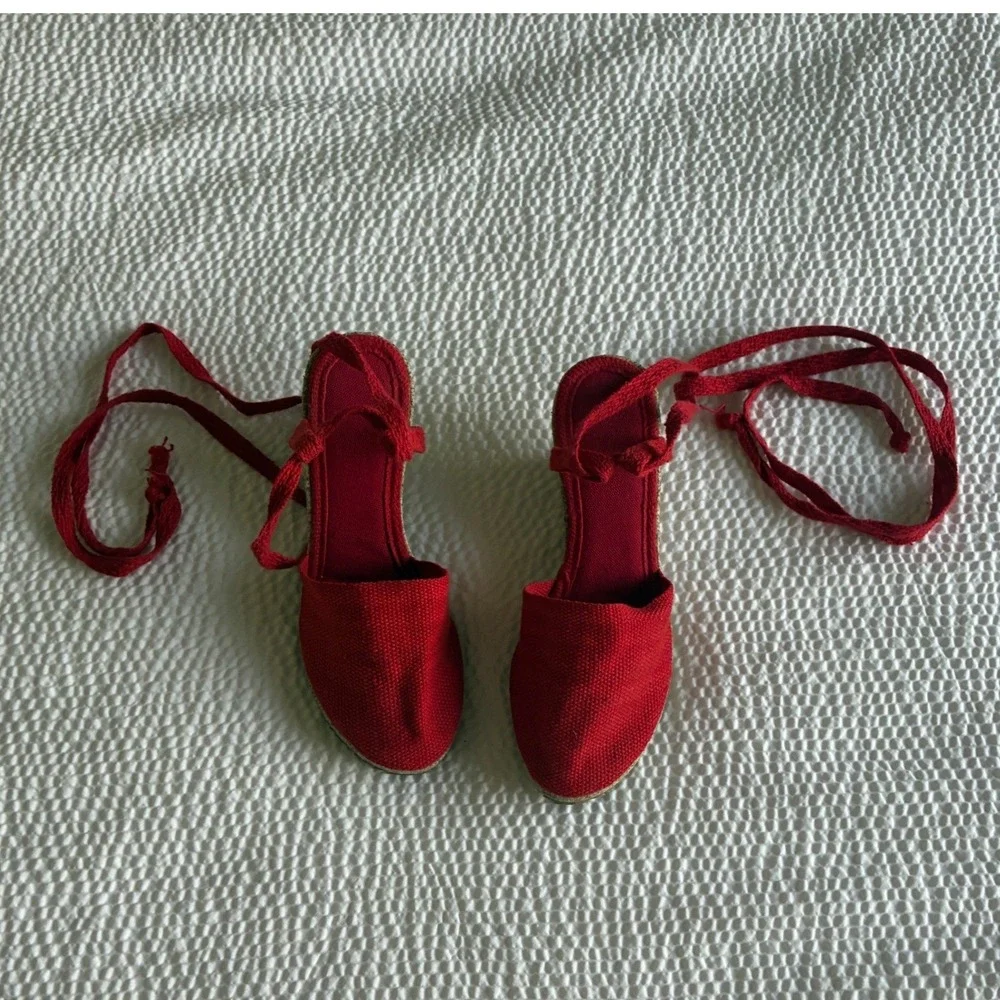 Artesania Espadrille Wedge Sandals Sz 37 Cherry Red Lace Up Ankle Tie Like New